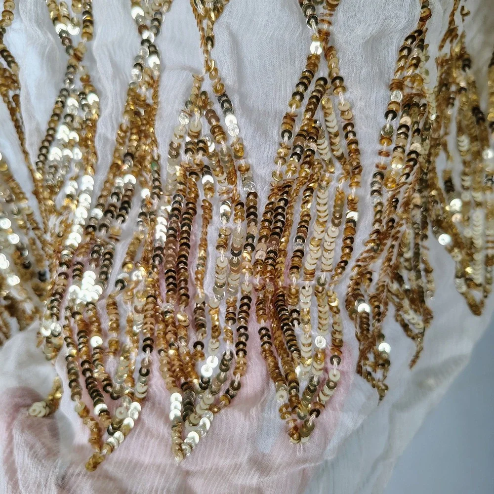 Elana  Gold Sequin 100% Silk Scarf Wrap Spice Market Cream Arabian princess